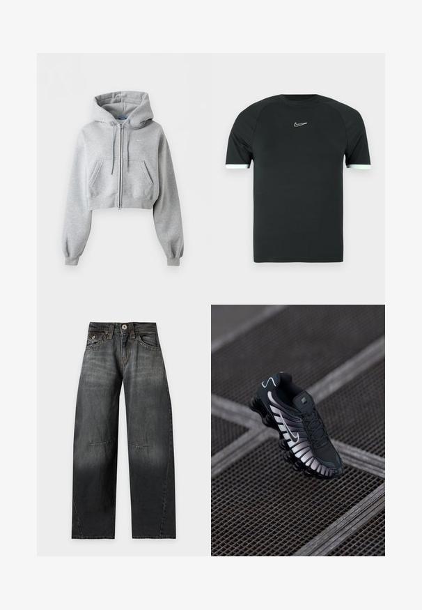 Hellgrauer kurzer Zip-Hoodie mit Fronttaschen, Kordelzug an der Kapuze, gerippten Bündchen und dezentem Nike-Logo auf der Brust.; Schwarzes Sport-T-Shirt aus glattem Stoff. Mit kurzen Ärmeln mit weißem Besatz und einem kleinen weißen Logo auf der Brust.; Schwarze Jeans mit weitem Bein, Knopfverschluss, vorne und hinten Taschen und sichtbaren Nahtdetails an den Beinen.; Schwarzer Sportschuh mit strukturiertem Mesh-Obermaterial, silbernen Akzenten, Fußgewölbeunterstützung und gepolsterter Sohle mit auffälligem segmentiertem Design.