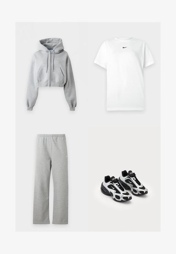 Sudadera con capucha corta en gris claro con cremallera, bolsillos delanteros, capucha con cordón, puños de punto elástico y un sutil logo de Nike en el pecho.; Camiseta de manga corta blanca con cuello redondo y pequeño logo de Nike en negro centrado debajo del escote.; Pantalones deportivos gris claro con cintura elástica y un pequeño logo blanco de Nike en la parte superior del muslo, mostrados planos sobre un fondo blanco.; Zapatos deportivos negros y plateados con parte superior de malla y sintético, que presentan un diseño ondulante distintivo y un collar acolchado, con amortiguación de aire en la suela.