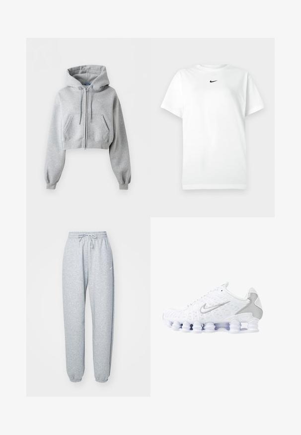 Svetlosivá krátka mikina na zips, s prednými vreckami, kapucňou so sťahovacou šnúrkou, rebrovanými manžetami a jemným logom Nike na hrudi.; Biele tričko s krátkym rukávom a okrúhlym výstrihom, na ktorom je malé čierne logo Nike swoosh umiestnené tesne pod výstrihom.; Svetlo šedé tepláky vyrobené z mäkkej bavlnenej zmesi, s elastickým pásom a šnúrkou, zúženými nohavicami a ribovanými manžetami. Minimálne značkovanie.; Biele športové topánky s jemnou sieťovinou na hornej časti, striebornými detailmi a jedinečným dizajnom podpätka v tvare cievky. Majú polstrovaný golier a šnurovanie pre lepšie udržanie na nohe.