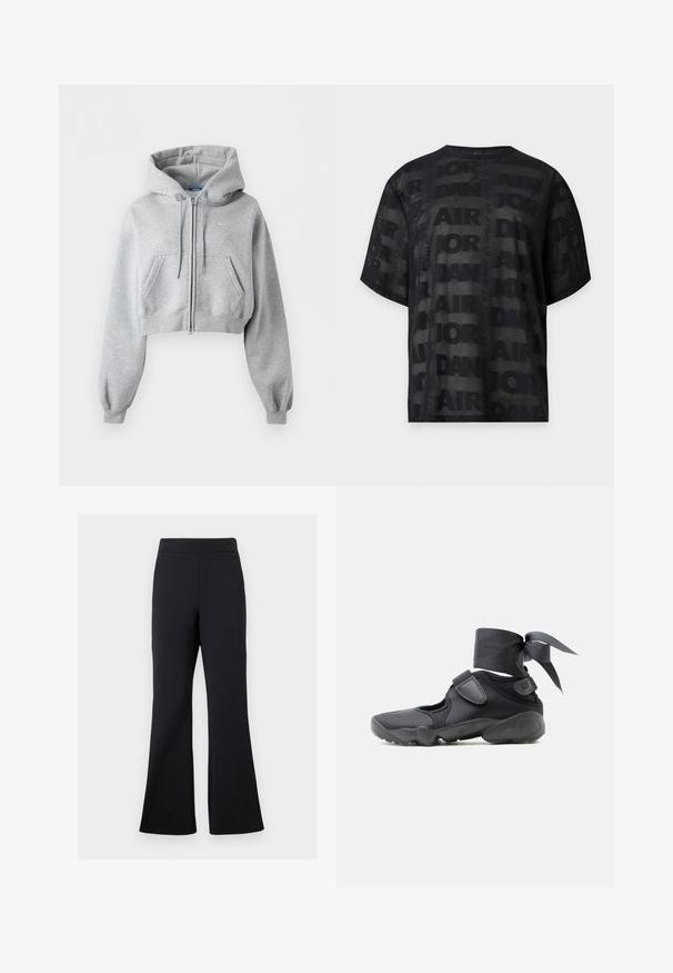 Lysegrå cropped lynlås-hoodie med forlommer, snøre i hætten, ribstrikkede manchetter og et subtilt Nike-logo på brystet.; Sort kortærmet mesh t-shirt med gentagende "Air Jordan" tekst mønster og et lille Jordan Jumpman-logo på midten foran ved halskanten.; Sorte flared bukser lavet af blødt stof med elastisk talje og en diskret sidelomme, der har en glat tekstur og minimalistisk design.; Sort atletiksko med udskæringer, velcrolukninger og ankelrem bundet i en sløjfe, vist fra siden på en hvid baggrund.
