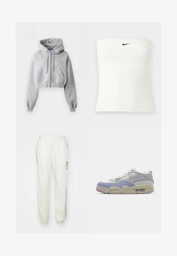 Hellgrauer kurzer Zip-Hoodie mit Fronttaschen, Kordelzug an der Kapuze, gerippten Bündchen und dezentem Nike-Logo auf der Brust.; Weißes trägerloses Nike-Tubetop mit schwarzem Swoosh-Logo, das nahe der oberen Kante zentriert ist, vor einem schlichten hellen Hintergrund dargestellt.; Helle beige Jogginghose mit elastischem Bund, seitlichen Taschen und gerippten Säumen. Verfügt über ein grafisches Logo am linken Oberschenkel.; Graue und lavendelfarbene Sneaker mit einem Obermaterial aus Wildleder und Mesh. Verfügt über eine sichtbare Luftpolsterung, Schnürsenkel und pinkfarbene Akzente. Texturiertes Profil mit lilafarbenem Farbton.