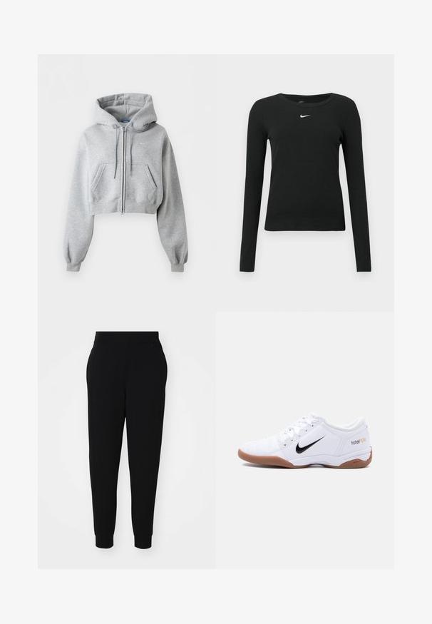 Lysegrå cropped lynlås-hoodie med forlommer, snøre i hætten, ribstrikkede manchetter og et subtilt Nike-logo på brystet.; Sort, langærmet tætsiddende top lavet af ribbet stof, med rund halsudskæring og et diskret hvidt Nike-logo på brystet.; Sorte joggerbukser lavet af blødt stof, med en tapered ben, elastisk talje og ribbede manchetter med sidesømmer for et skræddersyet udseende.; Hvid Nike Total 90 III indendørs fodboldstøvle med sort swoosh-logo og gummisål, vist fra siden på en ensfarvet baggrund.