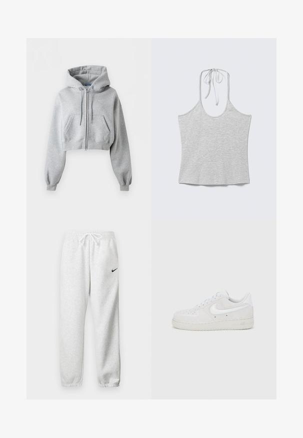 Sweat à capuche court gris clair zippé avec poches avant, capuche à cordon, poignets côtelés et logo Nike discret sur la poitrine.; Haut sans manches gris clair à col halter avec un nœud au niveau du cou, posé à plat sur un fond blanc.; Pantalons de survêtement gris en tissu doux, dotés d'une taille élastique avec cordon de serrage et d'un petit logo Nike noir sur la cuisse gauche.; Basket Nike Air Force 1 en daim blanc avec une finition texturée, bout rond et logo blanc contrastant, dotée d'une semelle en caoutchouc.