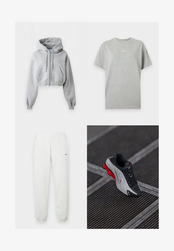 Svetlosivá krátka mikina na zips, s prednými vreckami, kapucňou so sťahovacou šnúrkou, rebrovanými manžetami a jemným logom Nike na hrudi.; Šedé bavlnené tričko s krátkym rukávom, okrúhlym výstrihom a malým bielym logom Nike swoosh v strede na hrudi.; Svetlosivé tepláky Nike s elastickým pásom, zúženými lemami a malým čiernym logom na ľavom stehne. Mäkká, textúrovaná tkanina.; Čierna a šedá atletická obuv s červenou odpruženou podrážkou, čiernymi šnúrkami a logom Swoosh odložená na kovovej mriežke.