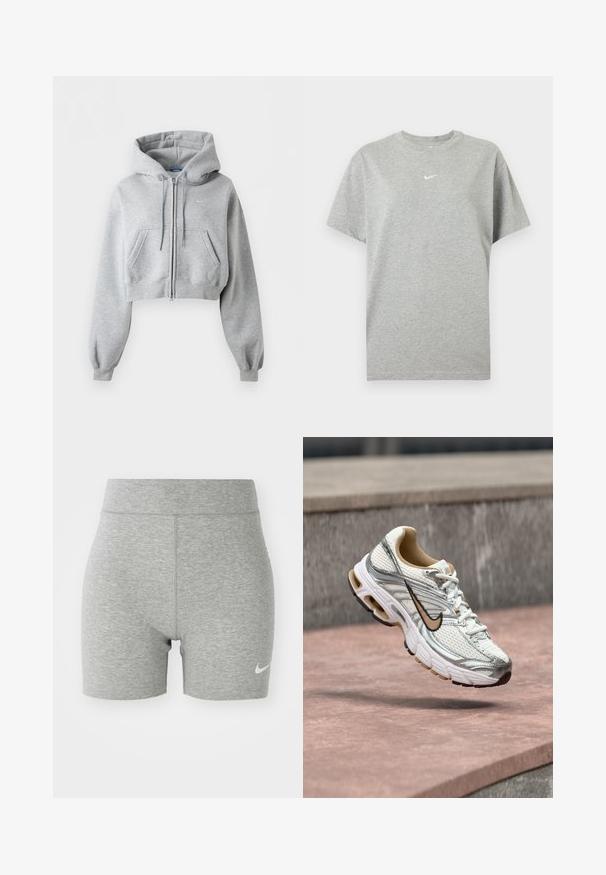 Lysegrå cropped lynlås-hoodie med forlommer, snøre i hætten, ribstrikkede manchetter og et subtilt Nike-logo på brystet.; Grå kortærmet bomuld T-shirt med rund hals og lille hvid Nike swoosh logo centreret på brystet.; Grå atletiske shorts lavet af blødt stof, med høj talje og et lille hvidt Nike-logo på nederste venstre side.; Hvid og sølv Nike løbesko med beige swoosh-logo, vist i luften over en stens overflade med en sløret grå vægbaggrund.