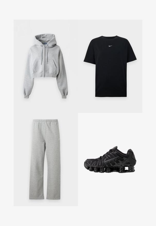 Helehall hall lühike lukuga kapuutsiga dressipluus ees taskutega, paelaga kapuuts, soonikkoes varrukasuu ja tagasihoidliku Nike'i logoga rinnal.; Mustast puuvillast T-särk ümara kaelusega ja lühikeste varrukatega. Rinnal keskel on väike valge Nike logo. Pehme tekstuur.; Heledat hallid dressipüksid elastse vöökohaga ja väike valge Nike logo ülereiel, kuvatud valgel taustal lahtilainetavana.; Must mustusjalats, millel on võrkmaterjalist ülemine osa ja läikivad kattekihtide detailid. Omab kaardus spiraallöögi pehmendust ning tekstuuriga jooni küljel. Nähtav Nike logo.