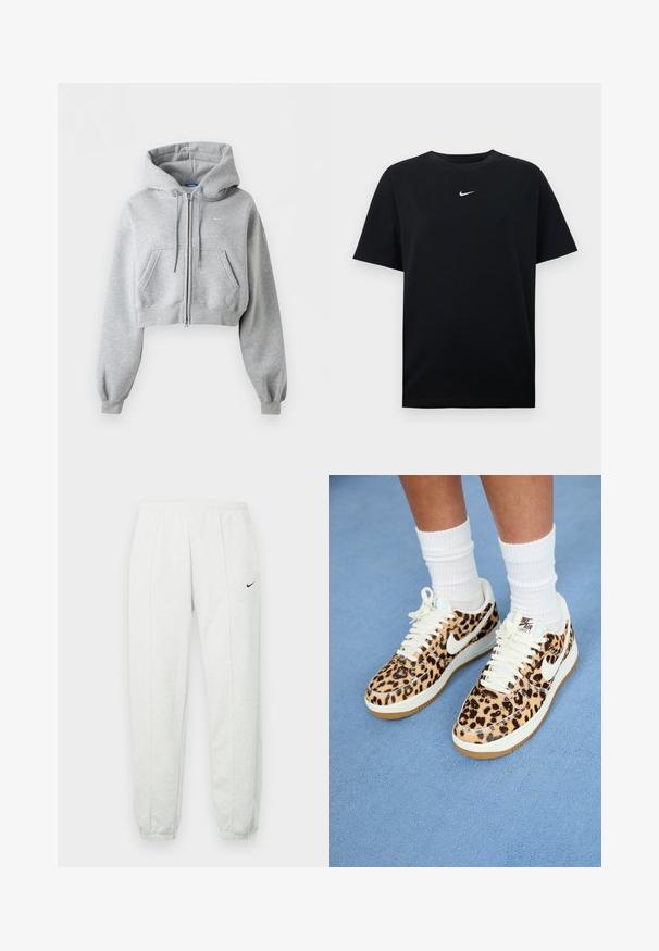 Vaaleanharmaa lyhyt vetoketjullinen huppari, jossa etutaskut, nyöritettava huppu, resorit hihansuissa ja hillitysti Nike-logo rinnassa.; Musta puuvillainen t-paita, jossa pyöreä pääntie ja lyhyet hihat. Rintakehän keskellä pieni valkoinen Nike-logo. Sileä pinta.; Vaaleanharmaat Nike-housut, joissa joustava vyötärönauha, kapenevat lahkeet ja pieni musta logo vasemmassa reidessä. Pehmeä, teksturoitu kangas.; Tennarit Nike Air Force 1 leopardikuosisella printillä, joissa on valkoiset nauhat ja swoosh, täynnä vaaleaa kumista ulkopohjaa ja teksturoitua yläosaa. Valkoiset hienot sukat näkyvissä.