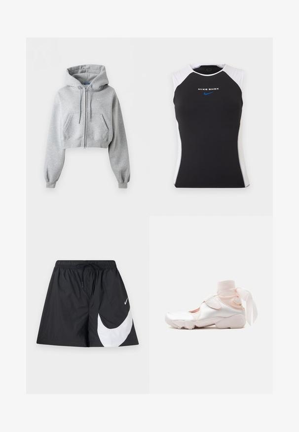 Svetlosivá krátka mikina na zips, s prednými vreckami, kapucňou so sťahovacou šnúrkou, rebrovanými manžetami a jemným logom Nike na hrudi.; Čierny a biely atletický top bez rukávov s textom "NIKE SHOX" a modrým logom Nike Swoosh umiestneným v strede na hrudi.; Čierne šortky vyrobené z ľahkej tkaniny s elastickým pásom a šnúrkou na stiahnutie. Na prednej strane majú veľký dizajn bieleho loga Nike.; Biele a bledo ružové tenisky s mäkkým látkovým obalom okolo členku zviazaným do mašle, disponujú nastaviteľným remienkom a zaoblenou podrážkou.