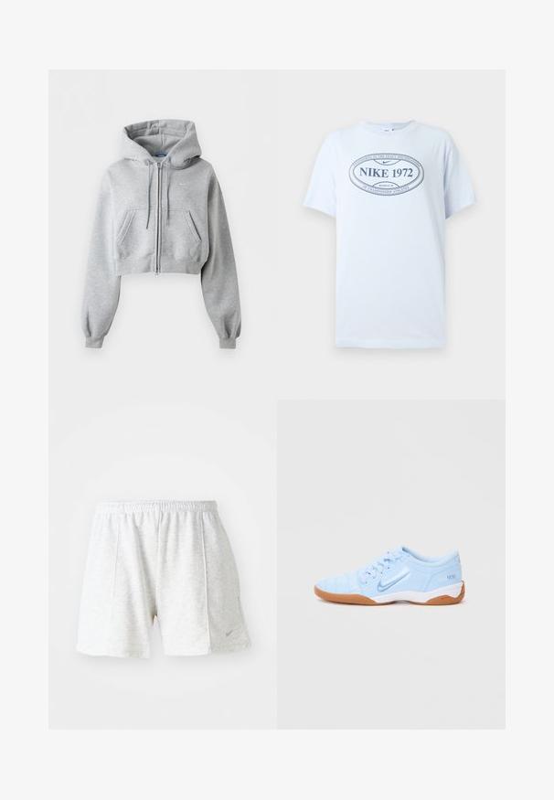 Vaaleanharmaa lyhyt vetoketjullinen huppari, jossa etutaskut, nyöritettava huppu, resorit hihansuissa ja hillitysti Nike-logo rinnassa.; Valkoinen lyhythihainen t-paita, jossa tummansininen ovaalilogo, jossa lukee "Nike 1972 Beaverton, OR" ja "Suunniteltu tarkasti mestaruusurheilijoiden vaatimusten mukaan."; Harmaat urheilushortsit, jotka on valmistettu kevyestä kankaasta. Niissä on joustava vyötärö, ommeltuja yksityiskohtia ja pieni Logo vasemmalla alareunassa.; Vaaleansininen urheilukenkä, jossa on sileä synteettinen päällinen, teksturoituja yksityiskohtia ja kuminen ulkopohja. Sivussa on logo.
