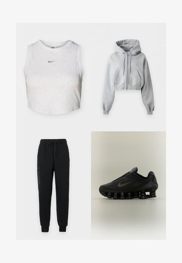 Lysegrå cropped lynlås-hoodie med forlommer, snøre i hætten, ribstrikkede manchetter og et subtilt Nike-logo på brystet.; Hvid crop top lavet af blødt, tekstureret stof. Har en rund hals og uden ærmer med et lille guld Nike-logo på forsiden.; Sorte sweatpants med snoretræk i taljen, lynlåslomme i siden og tætsiddende nederste kant. Fremstillet af blødt, struktureret stof.; Sort Nike-sneaker med lynlåsfunktion øverst og karakteristisk fjederlignende opdelt sål, vist i sideprofil mod en neutral baggrund.