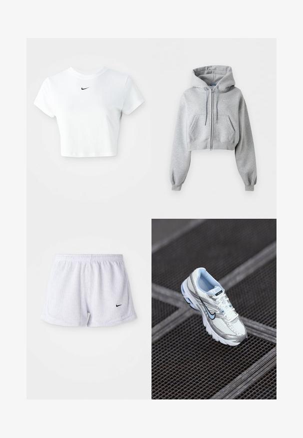 Svetlosivá krátka mikina na zips, s prednými vreckami, kapucňou so sťahovacou šnúrkou, rebrovanými manžetami a jemným logom Nike na hrudi.; Biely skrátený tričko vyrobené z bavlny, s krátkymi rukávmi a okrúhlym výstrihom, s čiernym logom Nike na hrudi.; Biele, rebrované športové šortky s elastickým pásom a malým čiernym logom Nike na dolnej ľavej strane. Jednoduchý, minimalistický dizajn.; Biele sieťové atletické topánky so striebornými akcentmi, svetlomodrým prešívaním a čiernym logom swoosh. Majú vystužený golier a textúrovanú podrážku.