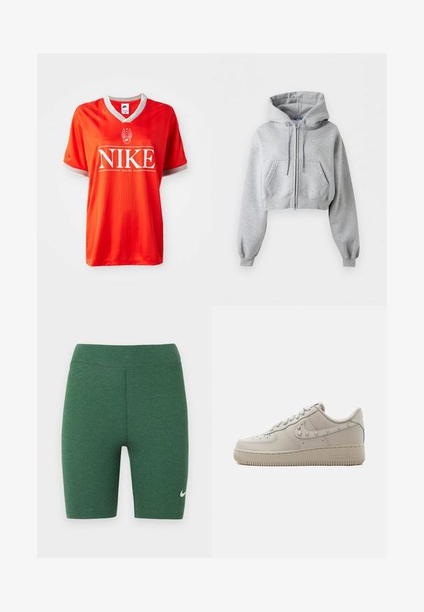 Lysegrå cropped lynlås-hoodie med forlommer, snøre i hætten, ribstrikkede manchetter og et subtilt Nike-logo på brystet.; Rød Nike trøje med V-hals, grå pynt på ærmerne og stort hvidt "NIKE" logo. Glat, letvægtsstof med subtilt stribet mønster.; Grønne atletikshorts lavet af stretchstof. Højtaljet design med flade syninger og en hvid Nike-logo på nederste venstre ben.; Lavtop beige læder sneaker med nitter på Nike swoosh, perforeret tå og tyk gummisål mærket "AIR" på siden.