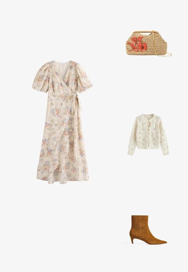 Cardigan au crochet couleur crème avec motifs floraux et trois fermetures à nouer devant, manches longues et poignets et ourlet côtelés.; Robe portefeuille beige clair avec manches bouffantes, imprimé floral rose et bleu, ceinture nouée à la taille, longueur midi avec panneaux avant superposés.; Botte de cheville en daim marron avec un bout pointu et un petit talon. Le design présente une texture lisse et un empeigne sans couture.; Sac à main beige tissé avec poignée courte, broderie florale rose sur le devant et bandoulière fine en chaîne dorée amovible.
