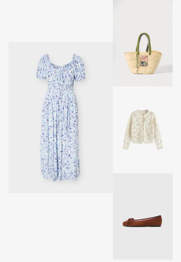 Cardigan au crochet couleur crème avec motifs floraux et trois fermetures à nouer devant, manches longues et poignets et ourlet côtelés.; Robe midi fleurie bleue et blanche avec manches bouffantes, encolure élastique et taille cintrée.; Ballet flat en cuir suédé marron avec un bout arrondi, dotée d'un nœud décoratif à l'avant et d'une doublure intérieure rose contrastante. Semelle plate.; Sac cabas en paille beige tissée avec des poignées tressées vertes et noires et un patch rectangulaire coloré à l'avant.