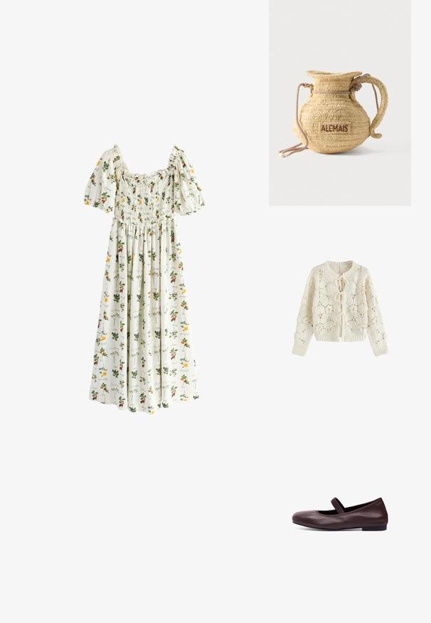 Creamfarvet hæklede cardigan med blomstertryk og tre bindelukninger foran, lange ærmer samt ribstrikkede manchetter og kant.; Hvid midi kjole med pufærmer, rynket krop og blomsterprint med gule og røde blomster samt grønne blade.; Brune læder balletflade med rund tå og en tynd elastisk rem over foden. Flad sål og glat overfladetextur.; Rund flettet stråtaske med håndtag af reb og "ALEMAIS" broderet på siden med brunt garn.