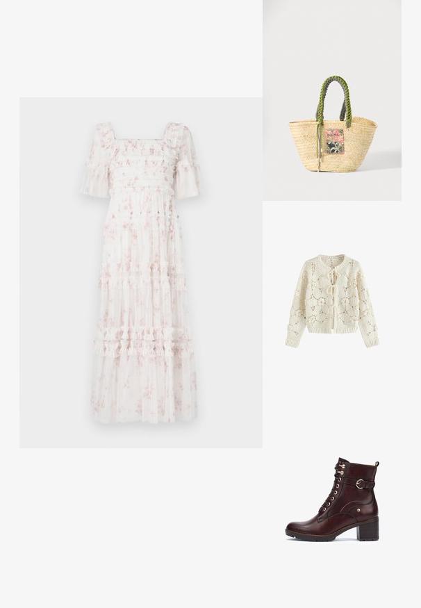 Creamfarvet hæklede cardigan med blomstertryk og tre bindelukninger foran, lange ærmer samt ribstrikkede manchetter og kant.; Hvid midiklæde med lyserøde blomsterprint, smocket krop, flæseærmer og lagdelt nederdel med vandrette flæser og transparent tekstur.; Pikolinos LLANES - Ankelstøvler - dark brown; Vævet beige stråtaske med flettede grønne og sorte håndtag og en farverig rektangulær lap foran.