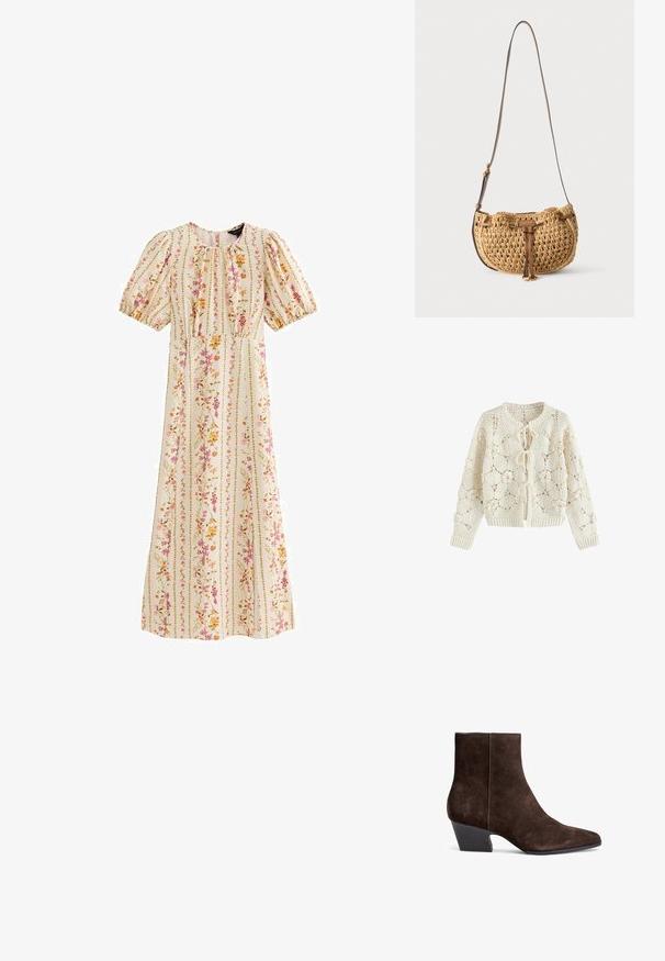 Cardigan au crochet couleur crème avec motifs floraux et trois fermetures à nouer devant, manches longues et poignets et ourlet côtelés.; Robe midi crème avec manches bouffantes, encolure ronde, taille cintrée et rayures florales verticales dans des tons rose, orange et vert.; Bottines en suede marron avec un bout pointu, un talon bloc moyen et un minimum de couture pour une apparence épurée.; Petit sac d'épaule tressé beige avec bandoulière en cuir marron réglable et détail de lien en cuir à l'avant, suspendu sur fond blanc.