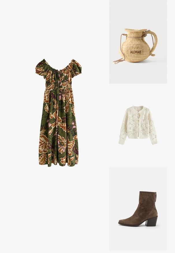 Cardigan au crochet couleur crème avec motifs floraux et trois fermetures à nouer devant, manches longues et poignets et ourlet côtelés.; Robe verte épaules dénudées avec grand imprimé floral marron et violet et taille et manches élastiquées froncées.; Bottes à chevilles en suede marron avec un bout pointu, une fermeture éclair sur le côté et un talon épais. Présente une texture lisse et des détails de couture minimalistes.; Sac à main rond en paille tissée avec une anse en corde et "ALEMAIS" brodé sur le côté en fil marron.