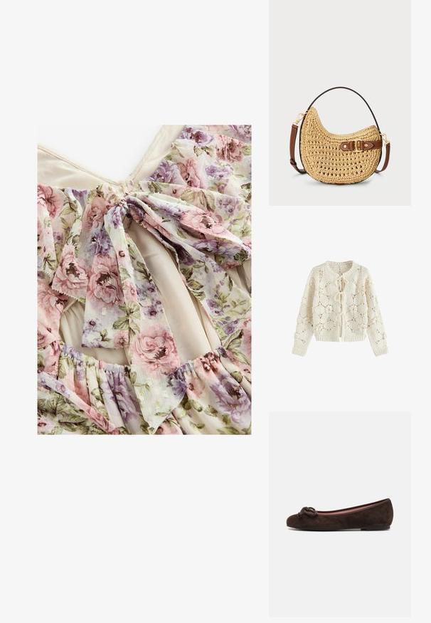 Kreemika värvusega heegeldatud kardigan lillemustrite ja kolme esikinnisega nööridega, pikad varrukad, soonikkoes mansetid ja alumine serv.; Next REGULAR FIT LONG SLEEVE FLORAL - Maksikleit - pink purple vintage floral; Pretty Ballerinas Baleriinad - brown; Kootud söe-kott, millel on kõver kuju, pruun nahkrihm klambriga ja naturaalne beež värv. Tekstureeritud pind, kus on nähtavad õmblused.