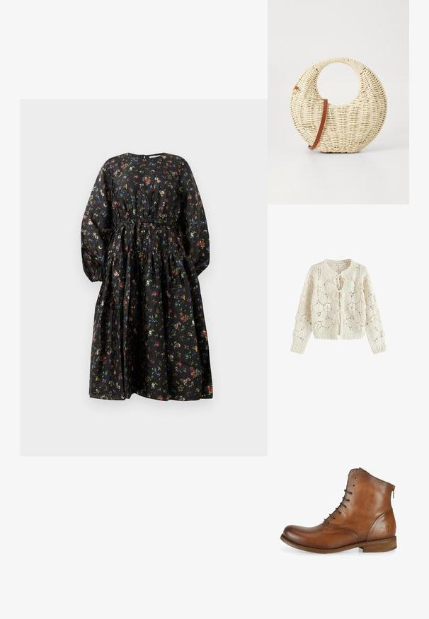 Cárdigan de crochet color crema con estampados florales y tres cierres delanteros con lazos, mangas largas y puños y bajo acanalados.; Vestido negro con estampado floral, mangas largas, cintura fruncida y falda de volantes. Presenta un patrón floral colorido y una textura de tela suave.; Botín de cuero marrón hasta el tobillo con textura suave, punta redondeada, cierre de cordones en la parte delantera y un pequeño detalle de cremallera en la parte trasera. Logo de mariposa en el lado.; Bolso redondo trenzado en paja natural con un acabado texturizado. Presenta una correa de cuero marrón suave y un asa circular.