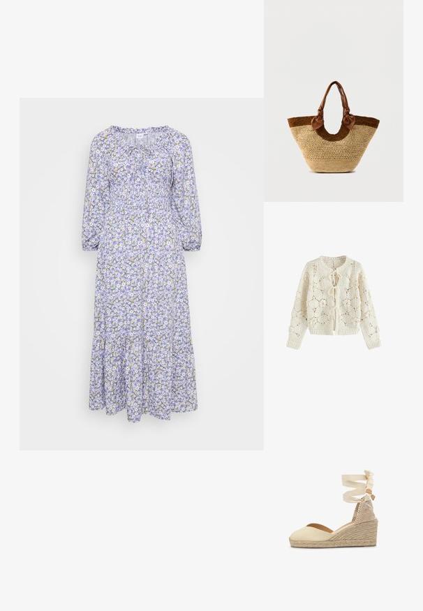 Crèmekleurige gehaakte cardigan met bloemenpatronen en drie striksluitingen aan de voorkant, lange mouwen en geribde boorden en zoom.; Bloemige jurk met een lila basis, met witte en gele bloemen. Lange mouwen, geplooide halslijn en gelaagde zoom. Lichtgewicht stof.; Beige sleehak espadrille met gevlochten jute zool en een enkelwikkellint, met een hielkap van textuurrijk stof.; Geweven stro tote tas met een basis in natuurlijke kleur, donkerbruine accenten en bruine leren handvatten met knoopdetails aan de uiteinden.