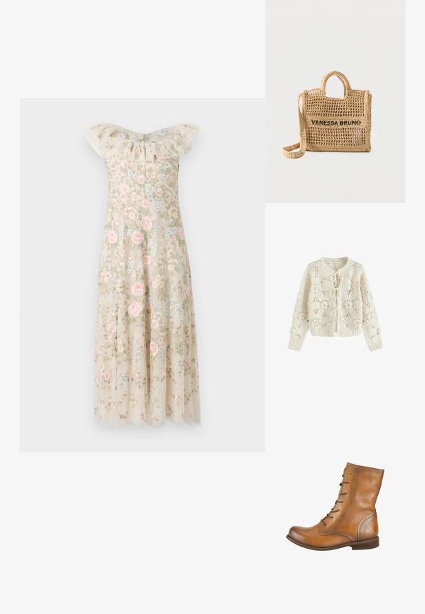 Cárdigan de crochet color crema con estampados florales y tres cierres delanteros con lazos, mangas largas y puños y bajo acanalados.; Vestido bordado con escote off-shoulder y volantes. Tejido beige adornado con patrones florales en rosa y azul, con una falda fluidas.; Botas de cuero marrón hasta el tobillo con una textura suave, punta redondeada, seis ojales para cordones y un sutil logo grabado en el talón.; Bolso tejido beige con dos asas, correa larga, diseño de tejido abierto y "VANESSA BRUNO" bordado en negro en la parte frontal.