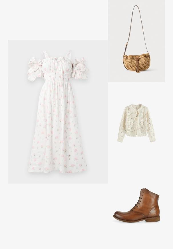 Creamfarvet hæklede cardigan med blomstertryk og tre bindelukninger foran, lange ærmer samt ribstrikkede manchetter og kant.; Hvid blomsterkjole med pink rosetter, smocket liv, skulderfri puffærmer og en svævende silhuet.; Brun læder ankelstøvle med en glat overflade, afrundet tå, snørebånd fortil og en lille lynlåsdetalje bagpå. Sommerfugl-logo på siden.; Lille tanfarvet vævet skuldertaske med justerbar brun læderstrop og læderdetalje foran hængende mod hvid baggrund.