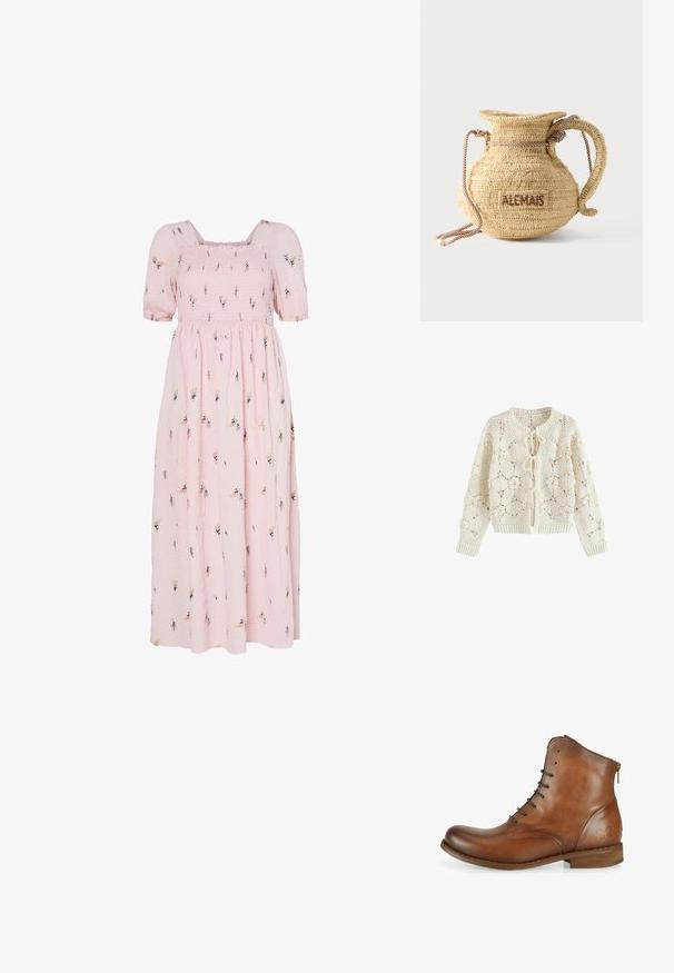 Cárdigan de crochet color crema con estampados florales y tres cierres delanteros con lazos, mangas largas y puños y bajo acanalados.; Vestido maxi de algodón rosa con mangas cortas abullonadas, corsé fruncido, patrón de bordado floral y una falda fluida.; Botín de cuero marrón hasta el tobillo con textura suave, punta redondeada, cierre de cordones en la parte delantera y un pequeño detalle de cremallera en la parte trasera. Logo de mariposa en el lado.; Bolso redondo de paja tejido con asa de cuerda y "ALEMAIS" bordado en un lateral con hilo marrón.