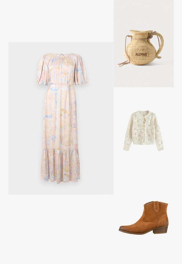 Cremefarbener Häkelcardigan mit Blumenmustern und drei vorderen Binderverschlüssen, langen Ärmeln sowie gerippten Bündchen und Saum.; Maxikleid aus weichem Stoff, mit Puffärmeln, gerafftem Ausschnitt, pastellfarbigen Blumenmustern und einem gerafften Saum. Mit gebundenem Taillendetail.; Tanfarbene Wildleder-Ankle-Boots mit spitzer Zehe, dekorativen Nähten und niedrigem, gestapeltem Absatz. Mit einem Zuglasche mit Zickzackkante.; Runde, geflochtene Strohtasche mit Kordelgriff und dem Schriftzug "ALEMAIS" auf der Seite, in braunem Garn gestickt.