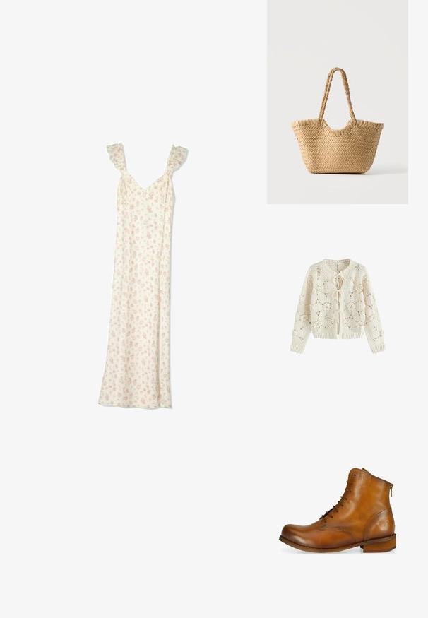 Creamfarvet hæklede cardigan med blomstertryk og tre bindelukninger foran, lange ærmer samt ribstrikkede manchetter og kant.; Lang hvid kjole med små lyserøde blomsterprint, flæse skuldre og V-halsudskæring.; Brun læder ankelstøvle med rund tå, snørebånd foran, lynlås i siden og en lav træhælt. Har et diskret præget logo på hælen.; Vævet stråtaske med bred bund, flettede håndtag og naturlig beige farve på ensfarvet hvid baggrund.