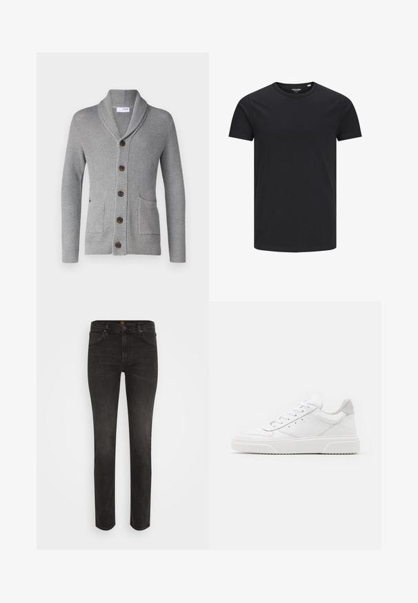 Grå strikke cardigan med sjalkrave, fem brune knapper, to forlommer og ribbestrikkede ærmer. Den strukturerede stof giver et hyggeligt udseende.; Sort bomulds T-shirt med rund hals, korte ærmer og et enkelt design. Glat tekstur, ingen mønstre eller synligt tilbehør.; Slim-fit sorte denim jeans med fem lommer, bæltestropper, knaplukning og subtil forvitring på lår og knæ.; Hvide lædersneakers med en glat finish, rund tå, flade snørebånd og en struktureret sål. Grå ruskindsdetalje ved hælen.