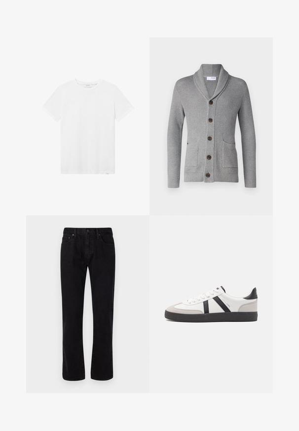 Grauer Strickcardigan mit einem Schalkragen, fünf braunen Knöpfen, zwei vorderen Taschen und gerippten Bündchen. Das strukturierte Material sorgt für ein gemütliches Aussehen.; Weißes Baumwoll-T-Shirt mit Rundhalsausschnitt, kurzen Ärmeln und einem dezenten Logo auf der Brust. Glatte Textur und normale Passform.; Schwarze Jeans aus Denim mit geradem Bein, ausgestattet mit fünf Taschen, einem Knopfverschluss und subtilen Stickdetails. Glatte Textur.; Weiße Sneaker mit schwarz- und grau-aczenten, ausgestattet mit einer strukturierten grauen Zehenkappe, schwarzer Gummi-Sohle und flachen weißen Schnürsenkeln. Sauberes Design, minimalistische Stil.