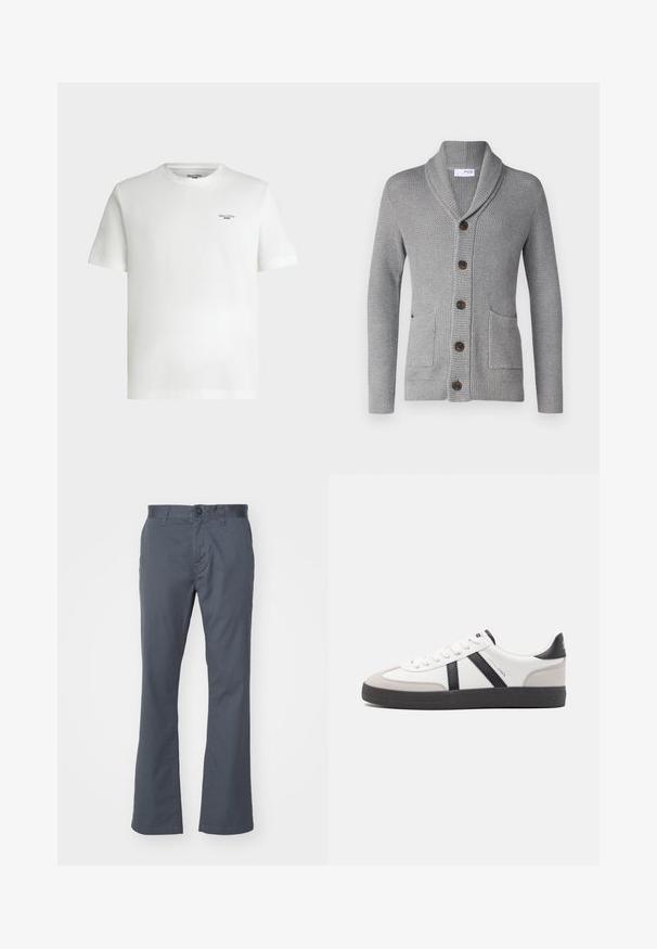 Cárdigan de punto gris con cuello chal, cinco botones marrones, dos bolsillos frontales y puños acanalados. El tejido texturizado ofrece una apariencia acogedora.; Camiseta blanca de manga corta con cuello redondo y pequeño logotipo de texto negro «Marc O'Polo DENIM» en la parte superior izquierda del pecho.; Pantalones rectos de color gris oscuro, confeccionados en una mezcla de algodón, con cierre delantero de botón, pasadores para cinturón y bolsillos estándar. Textura suave.; Zapatilla blanca con acentos en negro y gris, que presenta una puntera texturizada en gris, suela de goma negra y cordones planos blancos. Diseño limpio, estilo minimalista.