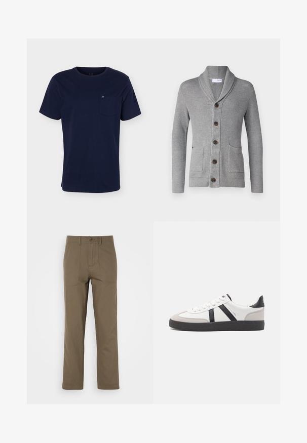 Grå strikke cardigan med sjalkrave, fem brune knapper, to forlommer og ribbestrikkede ærmer. Den strukturerede stof giver et hyggeligt udseende.; Marineblå T-shirt med korte ærmer og rund halsudskæring med en brystlomme med et lille logo på en ensfarvet baggrund.; Khaki bomuldsbukser med lige ben-design, der har to frontlommer, knaplukning og en glat overflade.; Hvide sneakers med sorte og grå detaljer, med en tekstureret grå tåhætte, sort gummisål og flade hvide snørebånd. Rent design, minimalistisk stil.