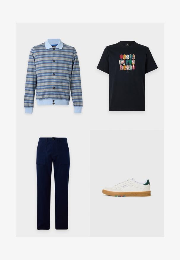 Cardigan de manga larga con botones con patrón de cuadros en azul, marrón y gris, cuello, puños y cintura en azul claro sobre fondo blanco.; Camiseta de algodón negra con un gráfico colorido de varios labios en diferentes patrones y colores en la parte frontal. Cuello redondo, mangas cortas.; Pantalones rectos azul marino con grandes bolsillos frontales y un cierre de botón en la cintura.; Zapatilla blanca de cuero con diseño perforado, suela de goma, acento verde en el talón y detalle de rayas coloridas en el lateral.