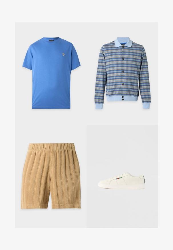 Cardigan boutonné à manches longues avec motif à carreaux bleu, marron et gris, col, poignets et taille bleu clair sur fond blanc.; T-shirt bleu à manches courtes et col rond avec un petit logo zèbre multicolore sur le côté gauche de la poitrine.; Short en éponge beige avec des rayures verticales cousues et une taille élastique, présenté sur un fond clair uni.; Baskets beige clair à texture lisse, design à lacets et accent rayé coloré sur le côté. Semelle en caoutchouc blanche. Arrière uni.