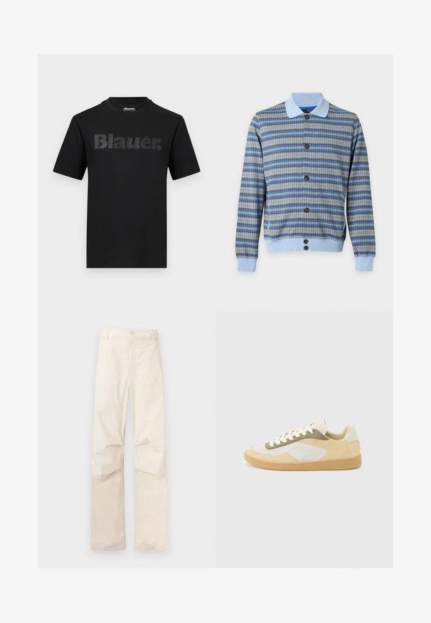 Cardigan boutonné à manches longues avec motif à carreaux bleu, marron et gris, col, poignets et taille bleu clair sur fond blanc.; T-shirt noir à manches courtes avec l'inscription "Blauer." en grandes lettres gris foncé sur la poitrine et un col rond.; Pantalon droit beige avec fermeture avant à bouton et fermeture éclair, étalé à plat sur un fond neutre.; Baskets basses en daim beige, panneaux en maille blanche, accents olive, lacets blancs et semelle en caoutchouc naturel sur fond gris clair.