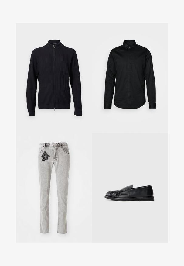 Sort tekstureret strikket sweater med fuld frontlynlås og ribstrikket høj krave, manchetter og kant, vist på en neutral baggrund.; Sort langærmet skjorte lavet af glat stof, med en klassisk krave og et diskret logo på brystet. Klassisk pasform med manchetter.; Lys grå lige ben denim jeans med lynlås, fem lommer og en dekorativ sort nøglering som accent foran.; Sort læderloafer med en rund, rynket tå og en flad sål på en ensfarvet hvid baggrund.