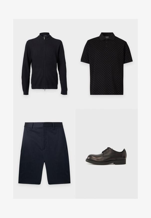 Pull en maille texturée noire avec fermeture éclair frontale complète et col montant, poignets et ourlet côtelés, présenté sur un fond neutre.; Polo noir manches courtes avec un motif subtil "AX" sur l’ensemble et une patte de boutonnage à trois boutons sous un col classique.; Shorts bleu marine sur mesure, longueur genou, avec passants de ceinture et fermeture à glissière avant cachée, présentés à plat sur un fond blanc.; Chaussure habillée en cuir noir avec un bout arrondi, des coutures minimales, un petit talon en caoutchouc et maintenue par des lacets noirs.