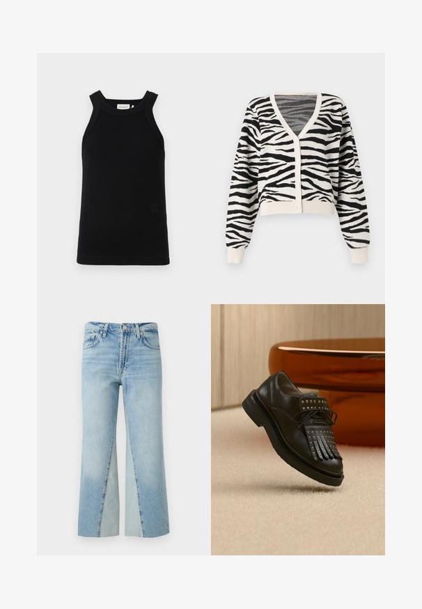 Sort-hvid zebra-print cardigan med V-hals, knapper, lange ærmer samt ribstrikkede manchetter og kant, vist på en ensfarvet baggrund.; Sort ribbet tanktop med brede stropper, der har en rund udskæring og et lille præget logo-detail forneden.; Lyseblå denimjeans med høj talje, knap- og lynlås-lukning, forlommer og brede lige ben.; Sort læder snøresko med dekorativ frynse og metalnitter placeret på beige tæppe nær brunt møbel.