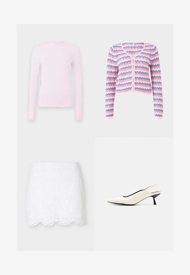 Langærmet strikket cardigan med lyserøde, blå og hvide striber, knapper foran og et bølget blondermønster.; Pink langærmet top i ribbet текстur, med en flæsekrave og et tætsiddende design med frynset kantdetalje.; Hvid mininederdel med hulmønsterbroderi, bølget kant og blomsterudskæringsmønstre, vist på en ensfarvet lys grå baggrund.; Cremefarvet spids tå slingback-sko med lav sort kittenhæl og glat læderfinish på hvid baggrund.