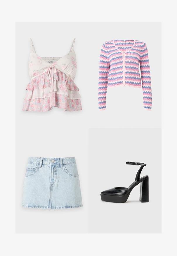 Langærmet strikket cardigan med lyserøde, blå og hvide striber, knapper foran og et bølget blondermønster.; Blomster camisole-top med justerbare stropper, med lagdelte flæser i hvide, lyserøde og grønne nuancer; let, blødt bomuldsstof.; Lyseblå denim-mini nederdel med frontknap, bælteløkker og forlommer, vist på en hvid baggrund.; Sorte platformhæle med spidse tæer og justerbar ankelrem. Construeret i glat læder, med en kraftig blokhæl.