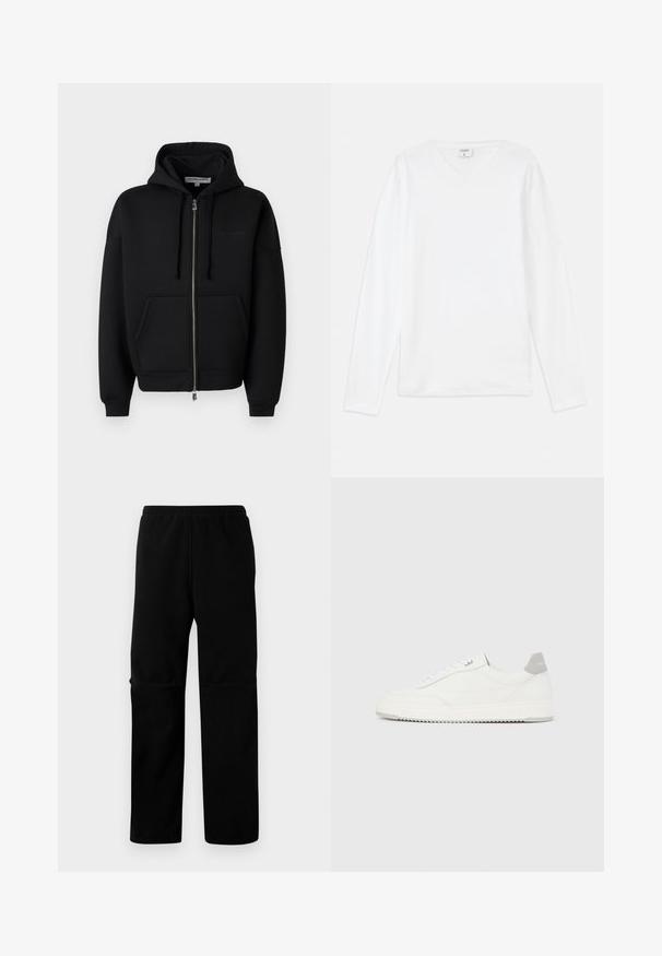 Les Benjamins ZIP HOODIES - Mikina so zipsom - black; Biely dlhý rukáv s výstrihom do V, vyrobený z jemného materiálu, s voľným strihom a bočnými rozparkami pre pohodlný pohyb.; Čierne flísové nohavice s elastickým pásom a rovnými nohavicami. Hladká textúra bez viditeľných vzorov alebo hardvéru.; Biela nízka teniska so sivým pätovým pásikom, bielymi šnúrkami a členitou podrážkou, zobrazená na jednoduchom svetlom pozadí.
