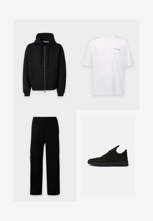 Les Benjamins ZIP HOODIES - Mikina so zipsom - black; Biela krátka rukávová tričko vyrobené z bavlny s výstrihom do V, s čiernym logom "FILLING PIECES" potlačeným na ľavej strane.; Čierne flísové nohavice s elastickým pásom a rovnými nohavicami. Hladká textúra bez viditeľných vzorov alebo hardvéru.; Čierne semišové tenisky s nízkym profilom, okrúhlou špičkou a textúrovanou gumovou podrážkou. Obsahujú päť očiek a zadný popruh.