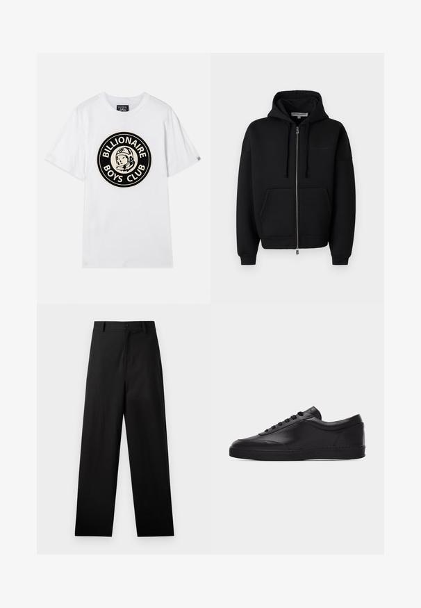 Les Benjamins ZIP HOODIES - Sudadera con cremallera - black; Camiseta de algodón blanca con un gráfico circular negro y dorado de un astronauta y el texto "BILLIONAIRE BOYS CLUB". Mangas cortas, cuello redondo.; Pantalones negros de algodón con un diseño de pierna recta, que cuentan con un cierre frontal de botón y bolsillos laterales. Textura lisa, sin patrones.; Zapatilla baja negra de cuero con cordones en la parte delantera y suela plana de goma, mostrada de perfil sobre un fondo blanco liso.
