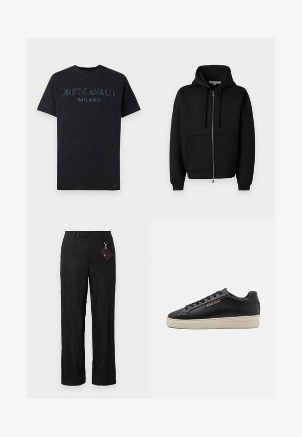 Les Benjamins ZIP HOODIES - Sweatjakke - black; Sort bomulds t-shirt med "JUST CAVALLI MILANO" i lys blå broderi på brystet, med rund hals og afslappet pasform.; Sorte, teksturerede bukser med vide ben, glat overflade og synlige sømme; inkluderer et mærke fastgjort med en sølvhardware løkke.; Sorte lædersneakers med en glat finish, kontrasterende cremefarvet sål, rund tå, guld logo på siden og seks huller til snørebånd.