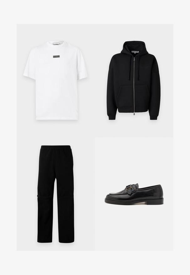 Les Benjamins ZIP HOODIES - Φούτερ με φερμουάρ - black; Λευκό βαμβακερό t-shirt με στρογγυλαινό λαιμόκοψη, κοντά μανίκια και μαύρο ορθογώνιο λογότυπο στο στήθος. Απλός και λιτός σχεδιασμός.; Μαύρο φλις παντελόνι με ελαστική μέση και ευθεία γραμμή. Λείο υφή χωρίς ορατά σχέδια ή μεταλλικά στοιχεία.; Μαύρα δερμάτινα loafers με στρογγυλή μύτη και διακοσμητική αγκράφα. Επιπέδη, συμπαγής φτέρνα και λεία υφή σε όλη την επιφάνεια.