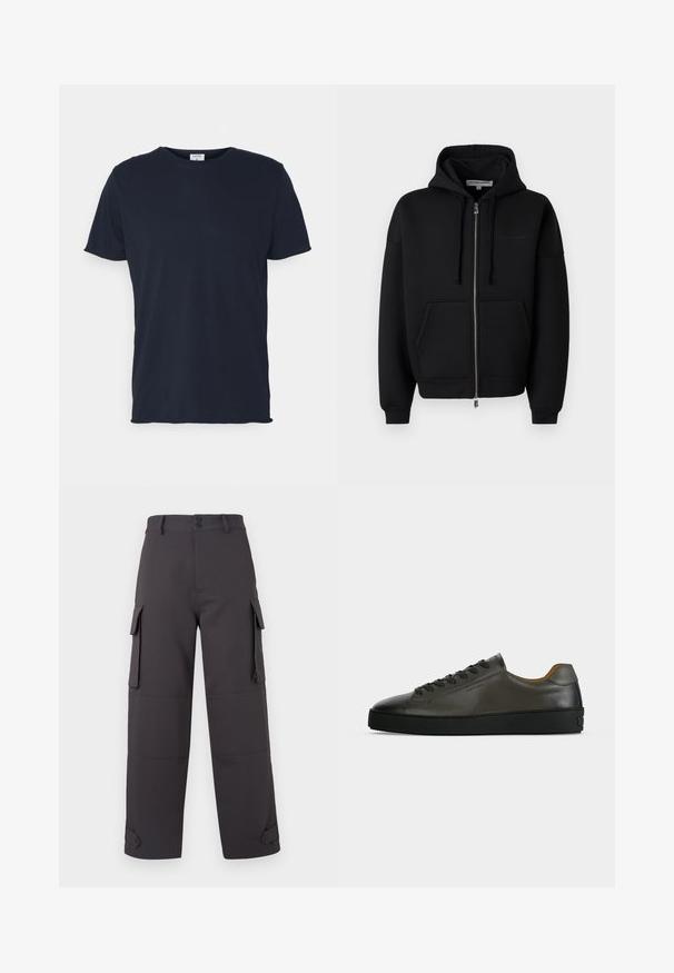 Les Benjamins ZIP HOODIES - Sweatjacke - black; Marineblaue Baumwoll-T-Shirt mit Rundhalsausschnitt und kurzen Ärmeln, mit einer glatten Oberfläche und einfachem Design, ohne sichtbare Muster oder Akzente.; Cargo-Hosen in Dunkelgrau, aus einem glatten Stoff gefertigt, mit zwei seitlichen Taschen und Knopfverschlüssen. Lockere Passform mit umgeschlagenen Säumen.; Niedriger dunkelgrauer Ledersneaker mit schwarzen Schnürsenkeln und Sohle, minimalistisches Design, Seitenprofil vor einem schlichten hellen Hintergrund.