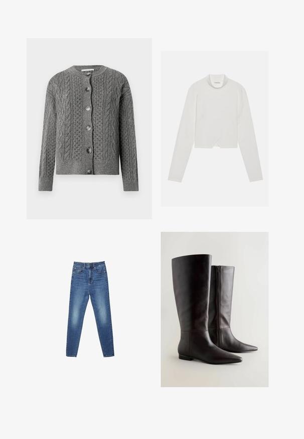 Grau gestrickte Strickjacke mit strukturiertem Zopfmuster, Rundhalsausschnitt und knöpfbarem Verschluss vorne. Mit langen Ärmeln und gerippten Bündchen.; Weißes Langarmoberteil mit hohem Kragen, das ein diagonales Nahtdesign und einen verkürzten Saum aufweist. Weicher Stoff mit glatter Textur.; Blaue, hoch taillierte, schmal geschnittene Jeans aus Denim mit Taschen vorne und hinten, Knopfverschluss sowie dezenten Verwaschungen an Oberschenkeln und Knien.; Knielange braune Lederstiefel mit spitzer Zehenpartie, Reißverschluss an der Seite und glatter Textur; schlankes Design mit minimalen Hardware-Akzenten.