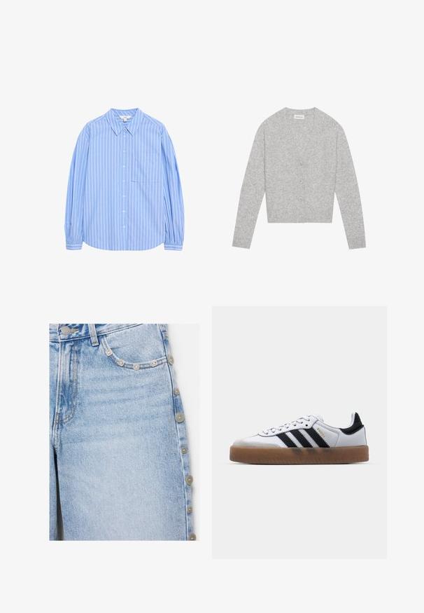 Grijze cardigan van zacht materiaal, met een V-hals, vijf knopen aan de voorkant en geribbelde manchetten en zoom.; Lichtblauw overhemd met lange mouwen, knoopsluiting en witte verticale strepen, met een kraagontwerp, een zak op de linkerkant van de borst en gathering bij de mouwen.; Lichtblauwe spijkerbroek met metalen knopen langs de buitenste zijnaden en kleine decoratieve studs langs de rand van het voorvak.; Witte leren sneakers met zwarte strepen, gumrubberen buitenzool, ronde neus, vetersluiting en een zachte grijze suède neuskap.